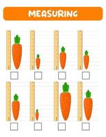 Measuring length  with ruler. Education developing worksheet. Game for kids.Vector illustration. practice sheets.Carrot measurement in inches. vector