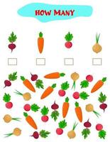 Counting Game for Preschool Children. Educational a mathematical game. Count how many  vegetables and write the result. Math worksheet for kids vector
