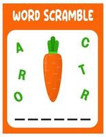 sopa de letras de zanahoria. juego educativo para niños. hoja de trabajo de ortografía en inglés para niños en edad preescolar vector