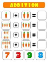 Addition of carrots. A task for children. Educational development sheet. Color activity page. A game for children. vector