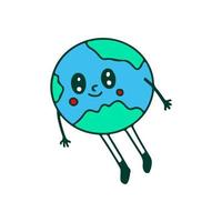mascota del planeta tierra volando, ilustración para camisetas, pegatinas o prendas de vestir. con estilo garabato, retro y caricatura. vector