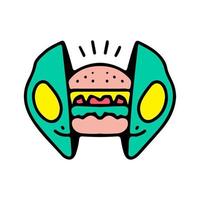 Trendy alien head with cheeseburger inside. Illustration for street wear, t shirt, poster, logo, sticker, or apparel merchandise. Retro and pop art style. vector