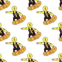 Man with dollar coin head riding skateboard, seamless pattern background illustration for t-shirt, sticker, or apparel merchandise. With doodle, retro, and cartoon style. vector