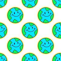 Cute earth planet with smile face, seamless pattern background illustration for t-shirt, sticker, or apparel merchandise. With doodle, retro, and cartoon style. vector