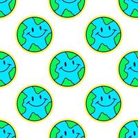 Cute earth planet with smile face, seamless pattern background illustration for t-shirt, sticker, or apparel merchandise. With doodle, retro, and cartoon style. vector