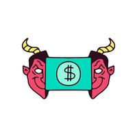 enfriar dos mitades de cabeza de diablo rojo con dólar adentro, ilustración para camiseta, ropa de calle, pegatina o mercancía de ropa. con estilo garabato, retro y caricatura. vector