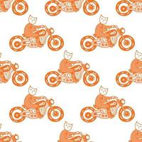 Cat riding motorbike, seamless pattern background illustration for t-shirt, sticker, or apparel merchandise. With doodle, retro, and cartoon style. vector