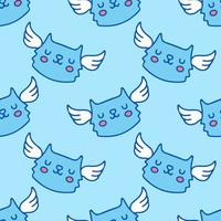 Kawaii cat and wings on blue background seamless pattern. Modern vintage, pop art style seamless pattern concept. vector