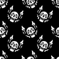 Sketchy skull and fire on black background seamless pattern. Modern vintage, pop art style seamless pattern concept. vector