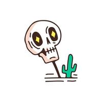 cabeza de cráneo del desierto y cactus, ilustración para camisetas, ropa de calle, pegatinas o prendas de vestir. con estilo retro y de dibujos animados. vector
