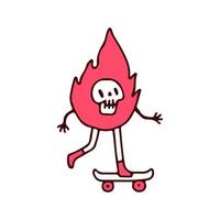 personaje de mascota de calavera de fuego montando patineta, ilustración para camiseta, ropa de calle, pegatina o mercancía de ropa. con estilo retro y de dibujos animados. vector