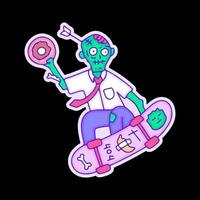 Hype zombie character holding donut and freestyle with skateboard, illustration for t-shirt, sticker, or apparel merchandise. With doodle, retro, and cartoon style. vector