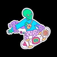 Hype alien character freestyle with skateboard, illustration for t-shirt, sticker, or apparel merchandise. With modern pop art doodle. vector