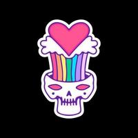 cabeza de calavera con símbolo de amor y arco iris salpicado, ilustración para camisetas, pegatinas o prendas de vestir. con estilo garabato, retro y caricatura. vector