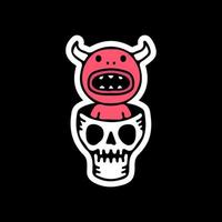 Cute red devil and skull head, illustration for t-shirt, sticker, or apparel merchandise. With doodle, retro, and cartoon style. vector