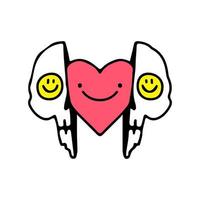 Trendy Two half of skeleton head with heart inside. Illustration for street wear, t shirt, poster, logo, sticker, or apparel merchandise. Retro and pop art style. vector