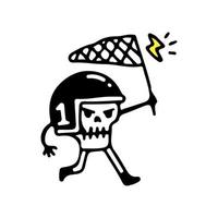 Rider skull is trying to catch a thunder with a scoop-net, illustration for t-shirt, poster, sticker, or apparel merchandise. With retro cartoon style vector