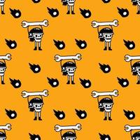 Funny rider skeleton with wrench and meteor, seamless pattern background illustration for t-shirt, sticker, or apparel merchandise. With doodle, retro, and cartoon style. vector