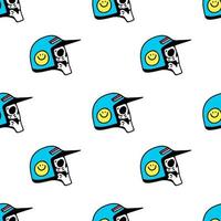 Skull head wearing biker helmet, seamless pattern background illustration for t-shirt, sticker, or apparel merchandise. With doodle, retro, and cartoon style. vector