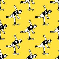 Punk boy riding skateboard, seamless pattern background illustration for t-shirt, sticker, or apparel merchandise. With doodle, retro, and cartoon style. vector
