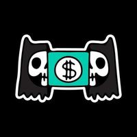 Cat skeleton head with dollar inside, illustration for t-shirt, street wear, sticker, or apparel merchandise. With doodle, retro, and cartoon style. vector