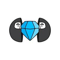 Two half of ninja head with diamond inside, illustration for t-shirt, street wear, sticker, or apparel merchandise. With doodle, retro, and cartoon style. vector