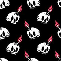 Grunge skull and torch on black background seamless pattern. Modern vintage, pop art style seamless pattern concept. vector