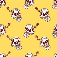 Sketchy skull and roses on yellow background seamless pattern. Modern vintage, pop art style seamless pattern concept. vector