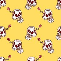 Sketchy skull and roses on yellow background seamless pattern. Modern vintage, pop art style seamless pattern concept. vector