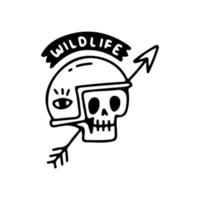 cráneo con casco de motociclista con flecha, ilustración para camiseta, ropa de calle, pegatina o mercancía de ropa. con estilo retro y de dibujos animados. vector