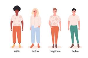 Men with gender pronouns. She, he, they, ze, non-binary. Gender-neutral movement. LGBTQ community. vector