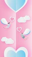 valentine lovely joyful on pink paper background concept. with text love 14 february, boy and girl fly with heart balloon, sky, vector. design for valentine card, gift, poster, paper cut, border, idea vector