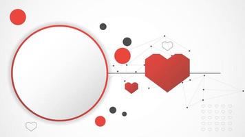 resumen de fondo de corazón de tecnología de círculo rojo blanco. tecnología con línea digital, adn, corazón rojo, punto, alta tecnología, gris, ciencia, vector. círculo tecnológico para el día de san valentín, fondo, papel tapiz. vector