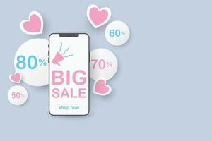 Resumen de teléfono móvil de promoción de venta de San Valentín. gran descuento de venta con un porcentaje de 80, 70, 60, 50 y corazón rosa, San Valentín encantador, vector de círculo blanco. diseño para banner, venta de verano, día de san valentín.