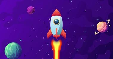 HD cartoon video animation of flying rocket on the space. Good for start up, business, finance, with callout smoke for text space.