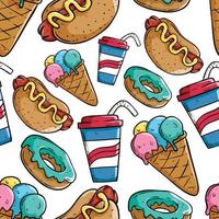 seamless pattern of junk food with ice cream, soda and hotdog vector