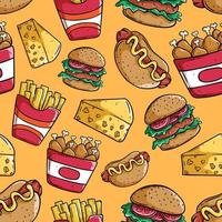 tasty junk food seamless pattern with colored hand drawing style vector