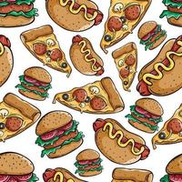 junk food seamless pattern with burger, pizza slice and hotdog vector