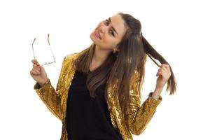 cheerful stylish woman in golden jacket smiling photo