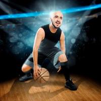 Square  photo of basketball player in action dribbles in the game