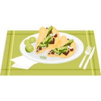 Mexican beef tacos with vegetables  on plate with lime slices png