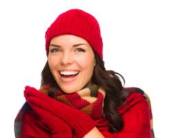 Transparent PNG of Excited Mixed Race Woman Wearing Winter Hat and Gloves.