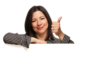 Transparent PNG of Multiethnic Woman Leaning on Blank White Sign with Thumbs Up.