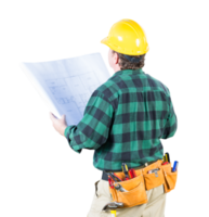Transparent PNG View from Behind Male Contractor with Hard Hat,Tool Belt and Mechanical Drawings.
