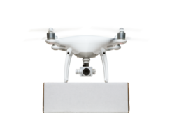 Transparent PNG Drone UAV In Flight With Package Attached.