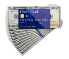 png transparente de maquete de cartão de crédito azul apoiado em notas de cem dólares