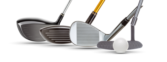 png transparente de palos de golf conductor maderas, cuña de hierro, putter y pelota de golf