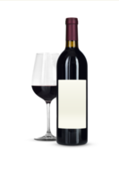 transparant PNG donker wijn fles met blanco etiket en bordeaux folie capsule zegel en glas.