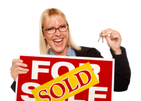 Transparent PNG of Attractive Blonde Holding Keys and Sold For Sale Sign.