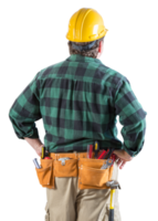 vista png transparente desde detrás de un contratista masculino con casco y cinturón de herramientas.